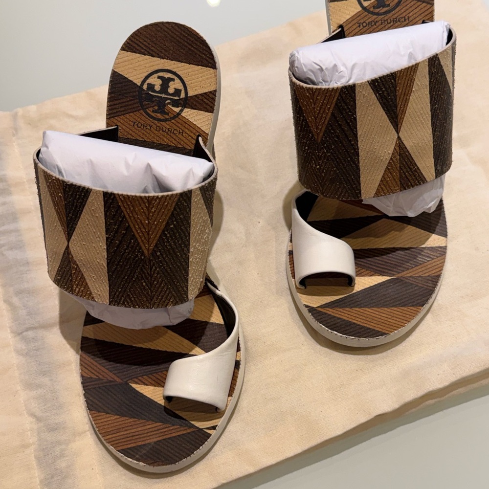 Tory Burch Brown & Cream Geometric Strap Slide Sandals